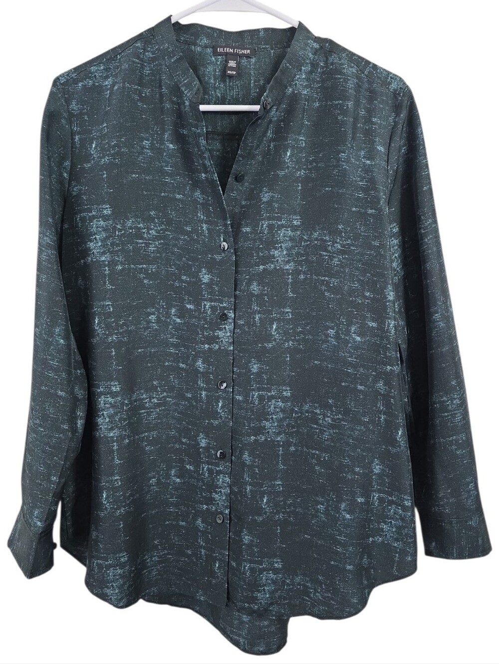 Eileen Fisher Silk Top Mandarin Collar Green Abstract Long Sleeve Button Up XS